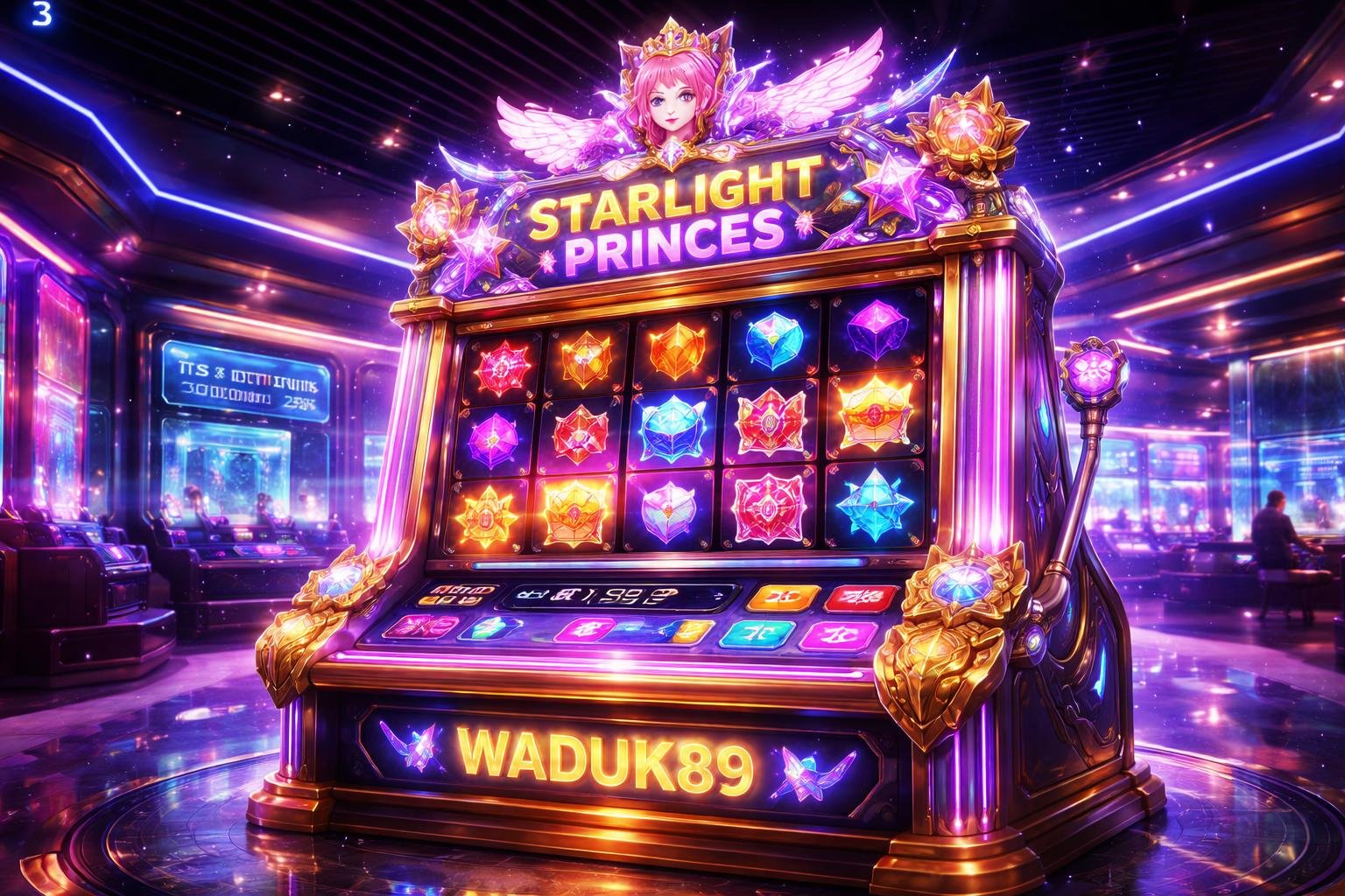 Mesin slot bertema Starlight Princes dengan lampu neon dan dekorasi mewah di dalam kasino modern yang futuristik.