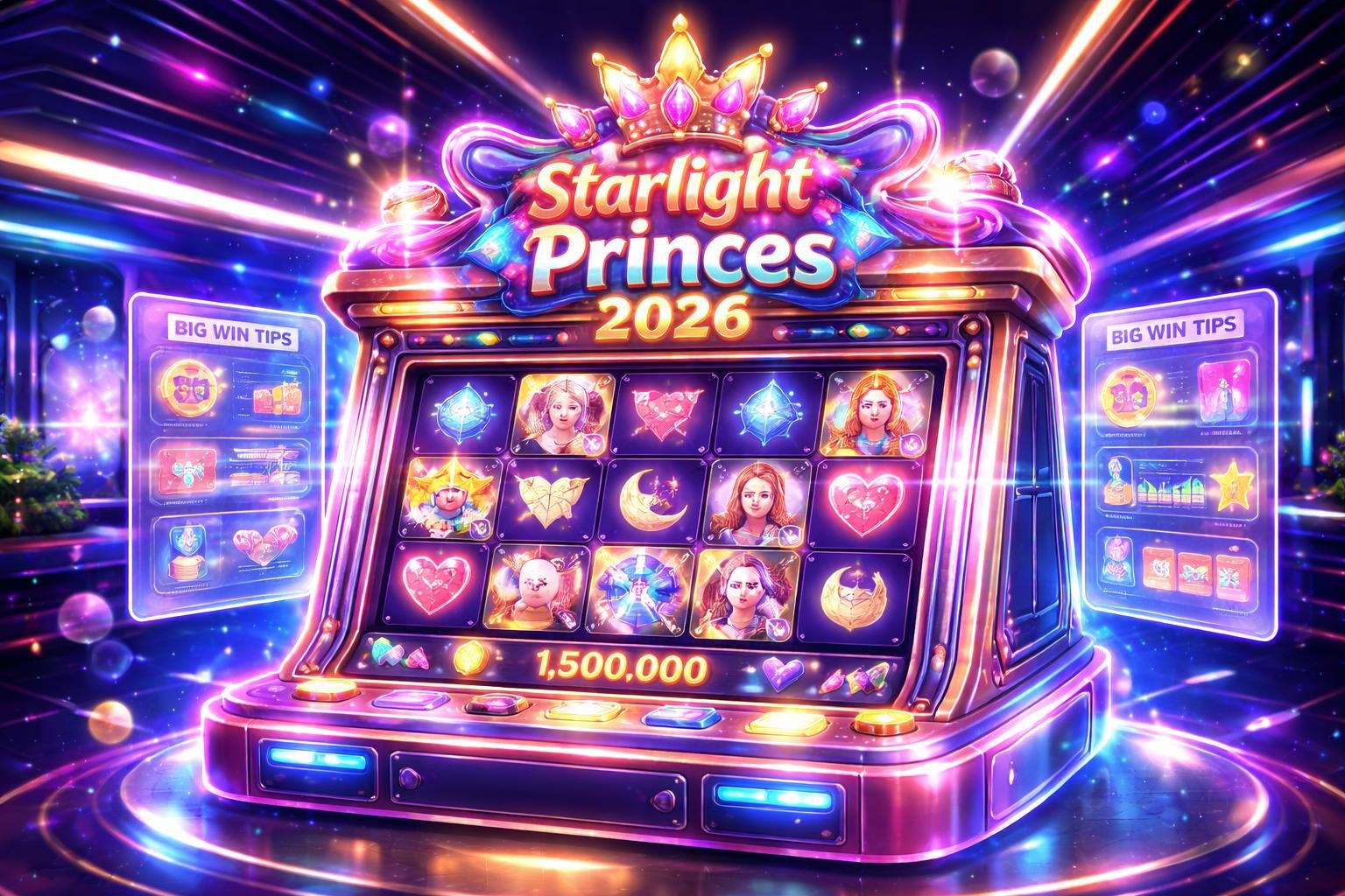 Mesin slot futuristik dengan tema putri bintang di kasino berlampu neon, menampilkan efek cahaya dan antarmuka holografik yang menunjukkan strategi permainan.