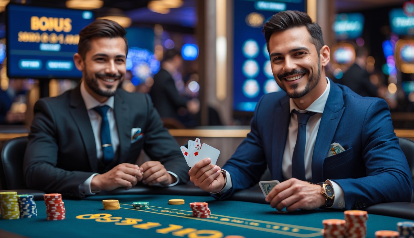 Seorang pria duduk di meja kasino online dengan dealer asli, memegang kartu dan dikelilingi chip kasino dalam suasana kasino yang hidup dan modern.