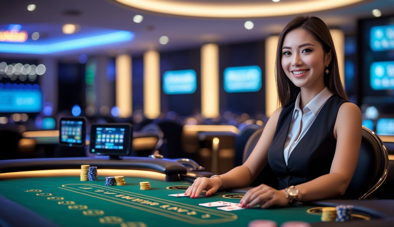 Seorang dealer wanita profesional duduk di meja kasino dengan kartu dan chip, berinteraksi dalam suasana kasino online langsung.