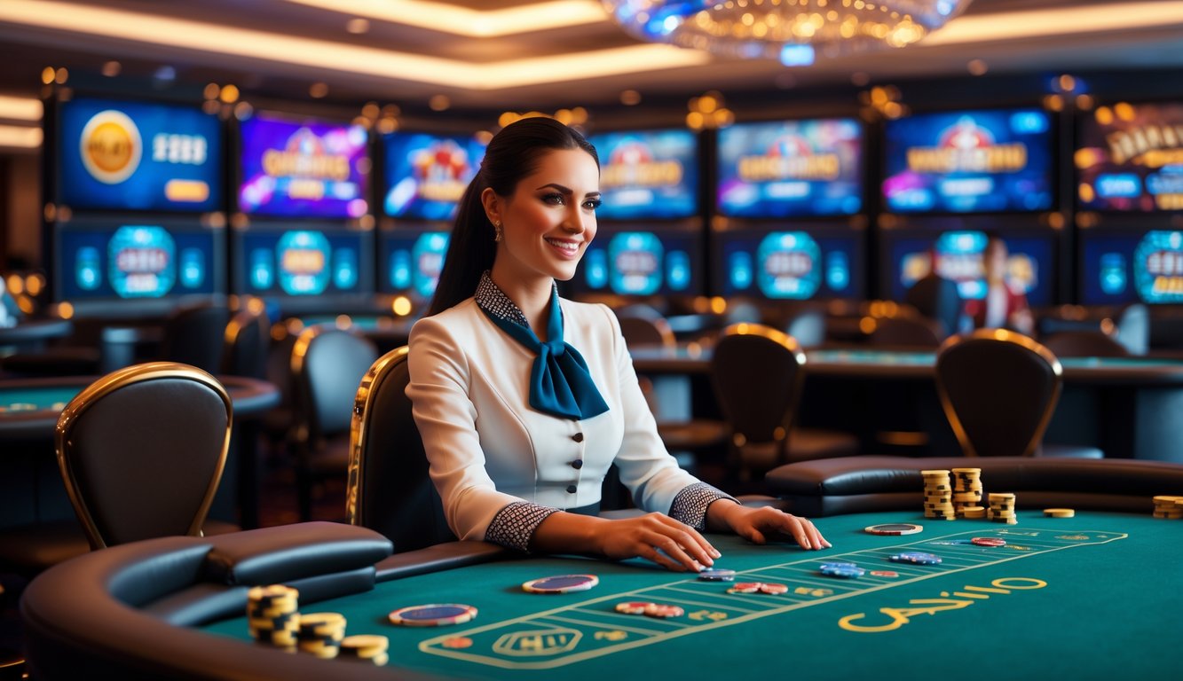 Seorang dealer kasino langsung wanita yang profesional duduk di meja kasino dengan kartu dan chip, dikelilingi oleh layar permainan kasino digital.