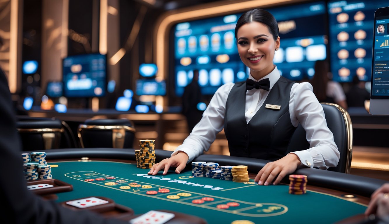 Seorang dealer casino asli sedang mengelola permainan di meja casino dengan kartu dan chip, dikelilingi oleh layar yang menampilkan siaran langsung permainan.