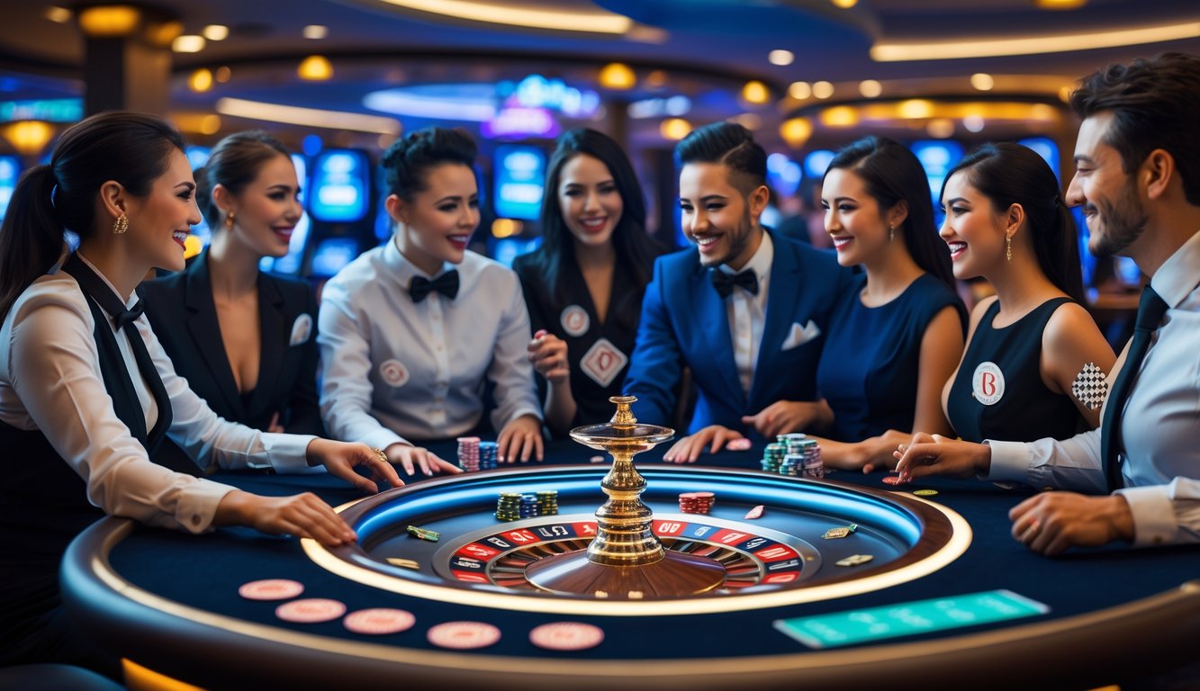 Seorang dealer kasino langsung dan pemain yang berinteraksi di meja permainan dalam suasana kasino yang modern dan ramai.