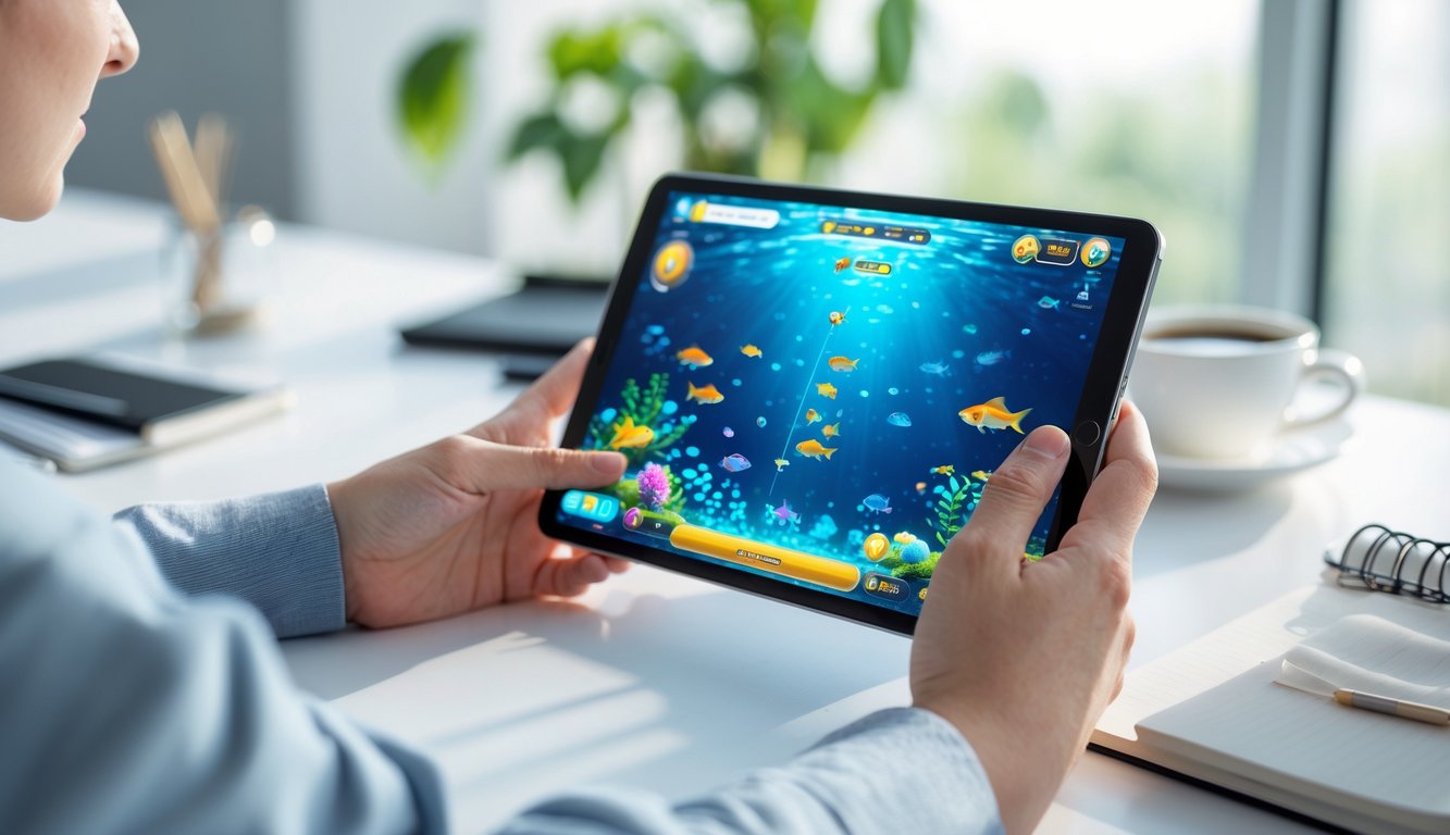 Seorang pemula sedang bermain game tembak ikan di perangkat digital dengan latar meja yang rapi dan pencahayaan alami.