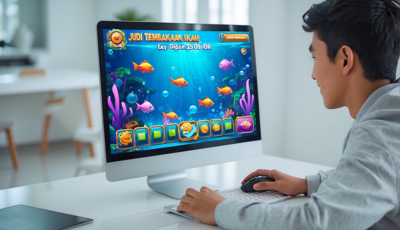 Seorang dewasa muda sedang bermain game judi tembak ikan di komputer dengan latar ruangan rumah yang bersih dan terang.