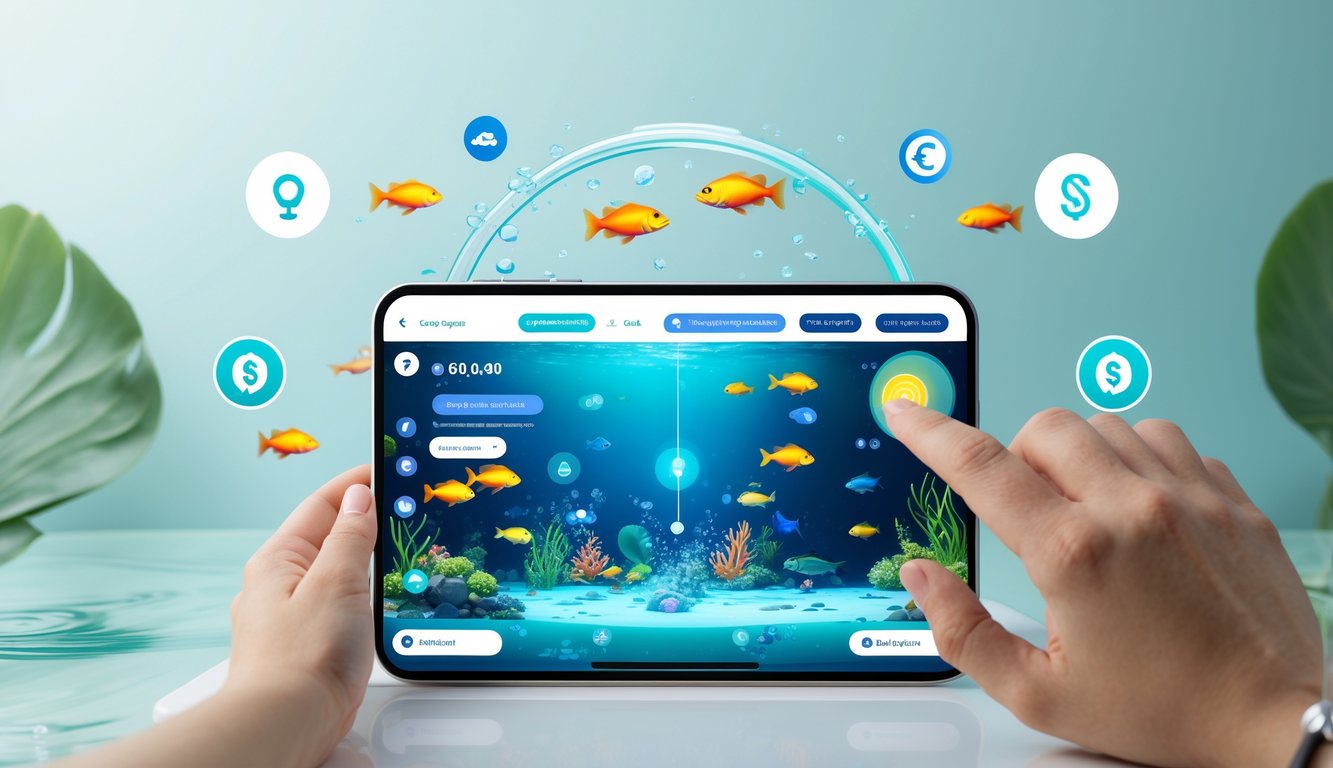 Seseorang menggunakan perangkat digital untuk bermain permainan memancing ikan secara online dengan latar belakang warna biru dan hijau yang menenangkan.
