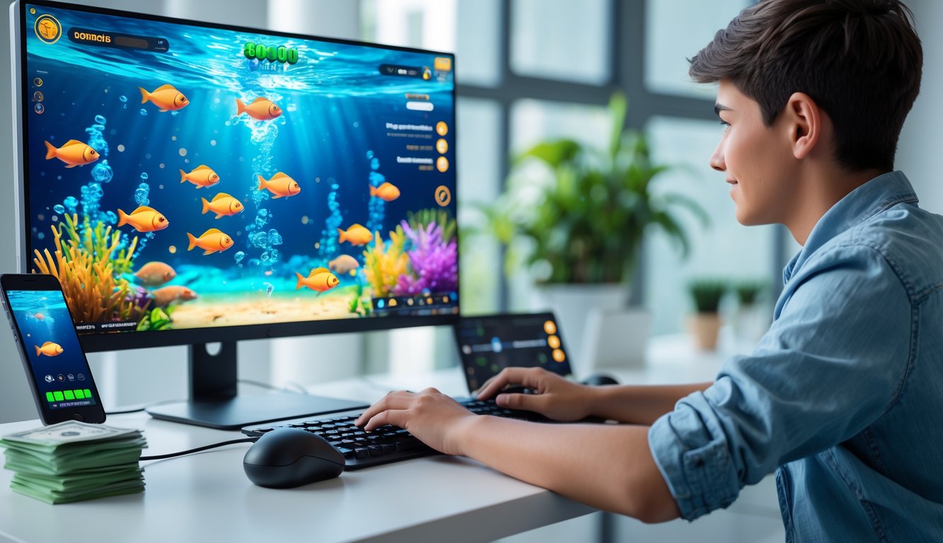 Seorang pengguna muda sedang bermain game tembak ikan online di komputer dengan layar menampilkan grafik ikan berwarna-warni dan suasana meja kerja yang rapi.