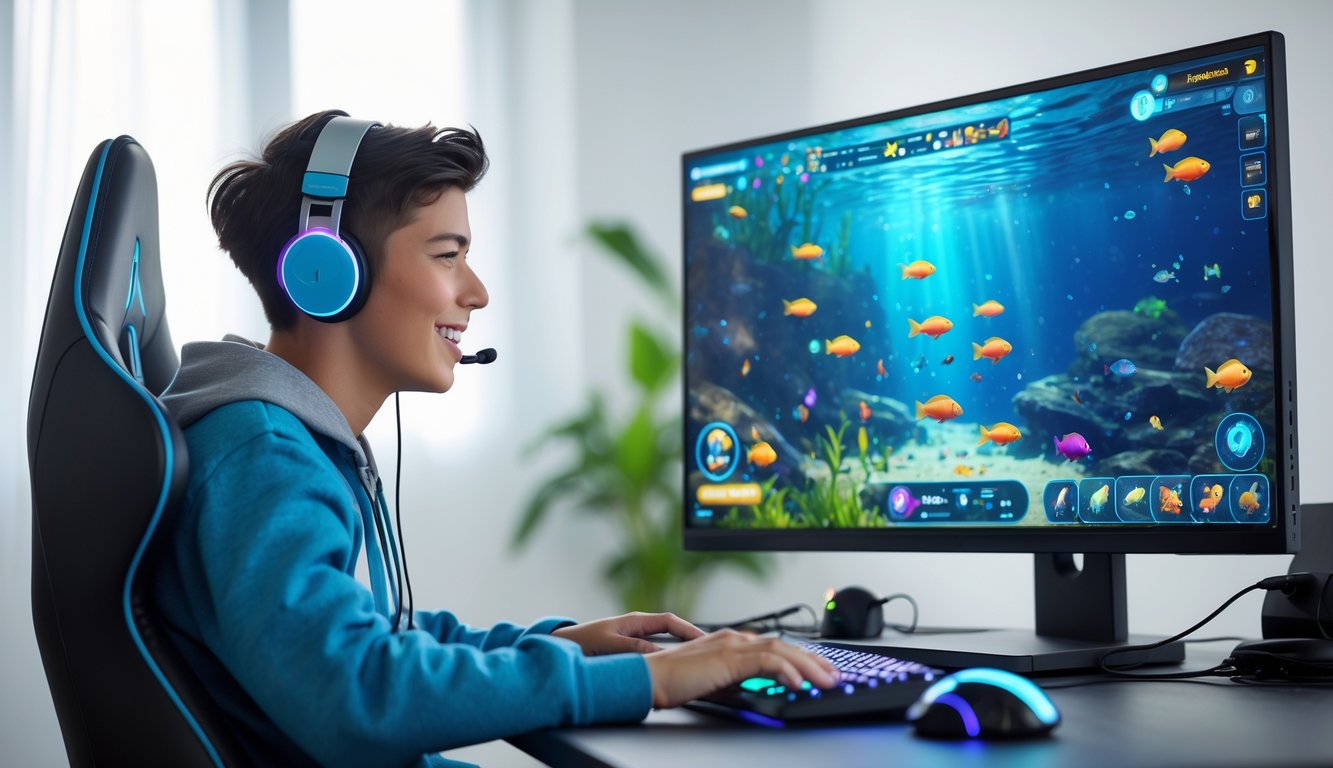Seorang pemain muda sedang bermain game tembak ikan di komputer dengan ekspresi fokus dan senang di ruangan permainan yang rapi.