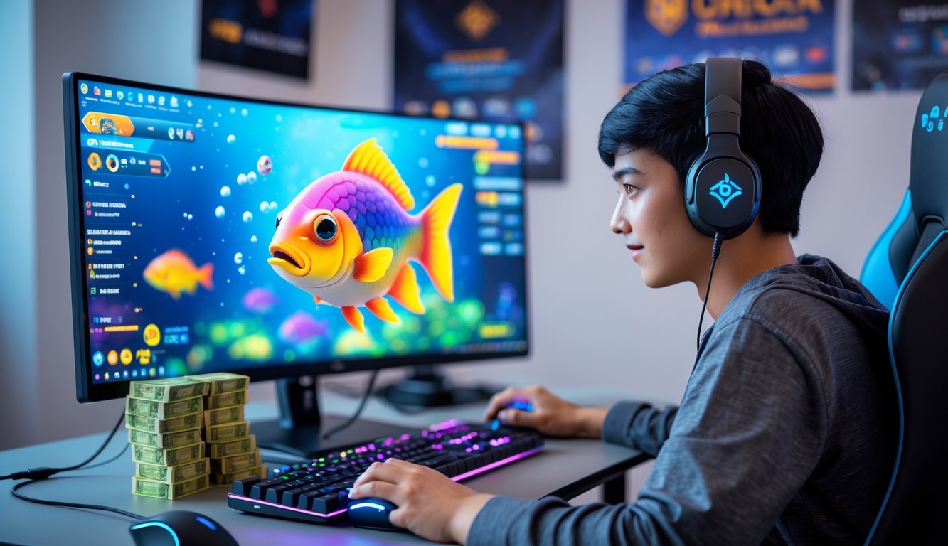 Seorang pemain muda sedang fokus bermain permainan tembak ikan di komputer dengan uang 25 ribu rupiah di atas meja.