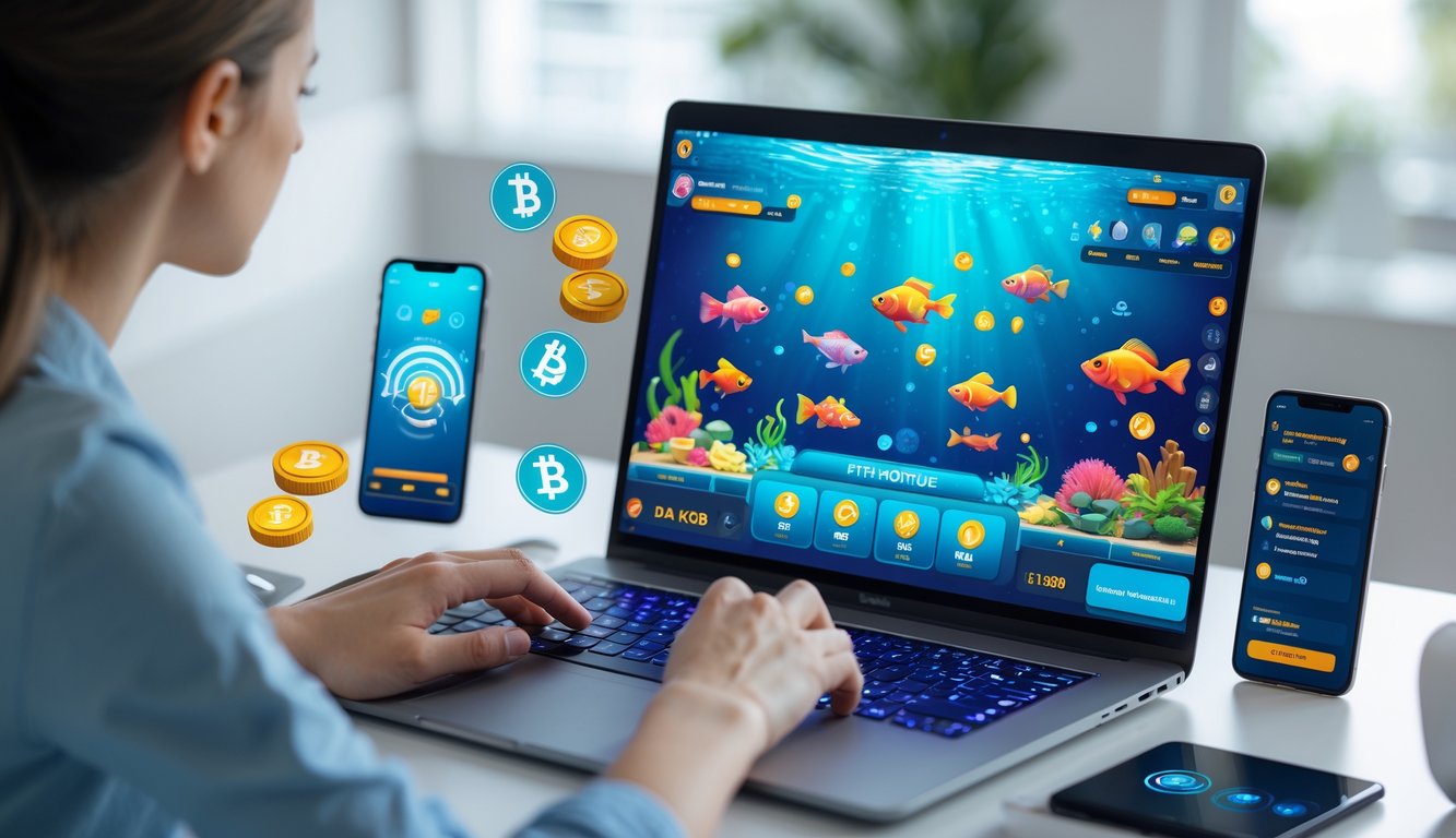 Seseorang menggunakan komputer dengan tampilan permainan tembak ikan berwarna-warni di layar dalam suasana ruang kerja modern.