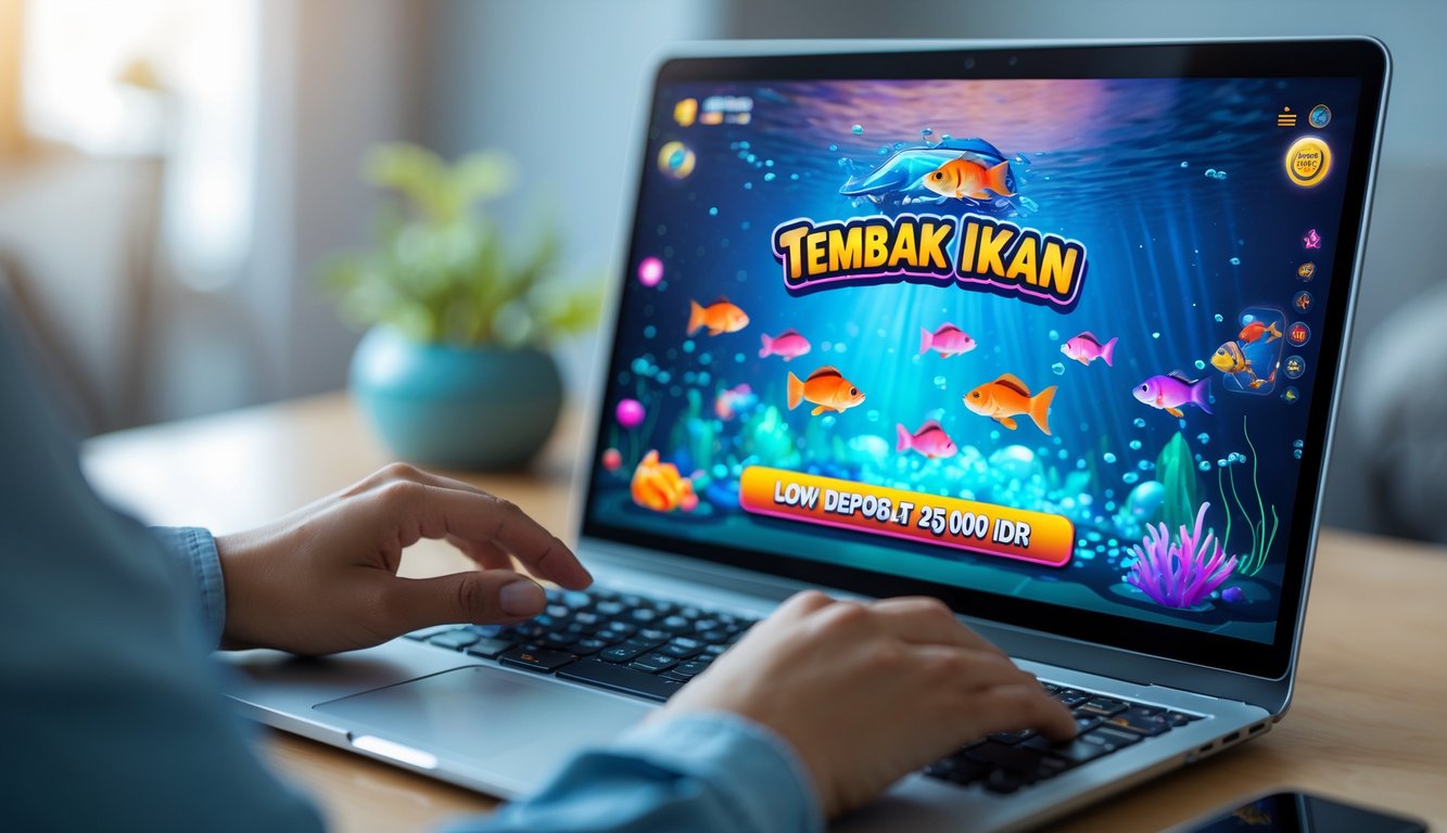 Seseorang sedang bermain permainan judi tembak ikan di komputer dengan layar menampilkan grafis ikan berwarna-warni di bawah laut.