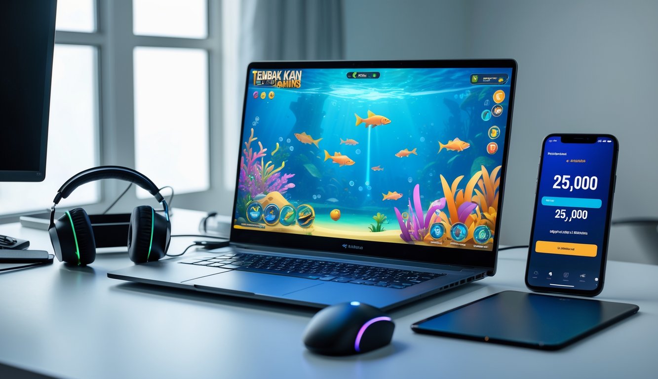 Seorang pemain sedang menggunakan laptop dan ponsel untuk bermain game tembak ikan online dengan suasana meja kerja yang rapi dan pencahayaan alami.