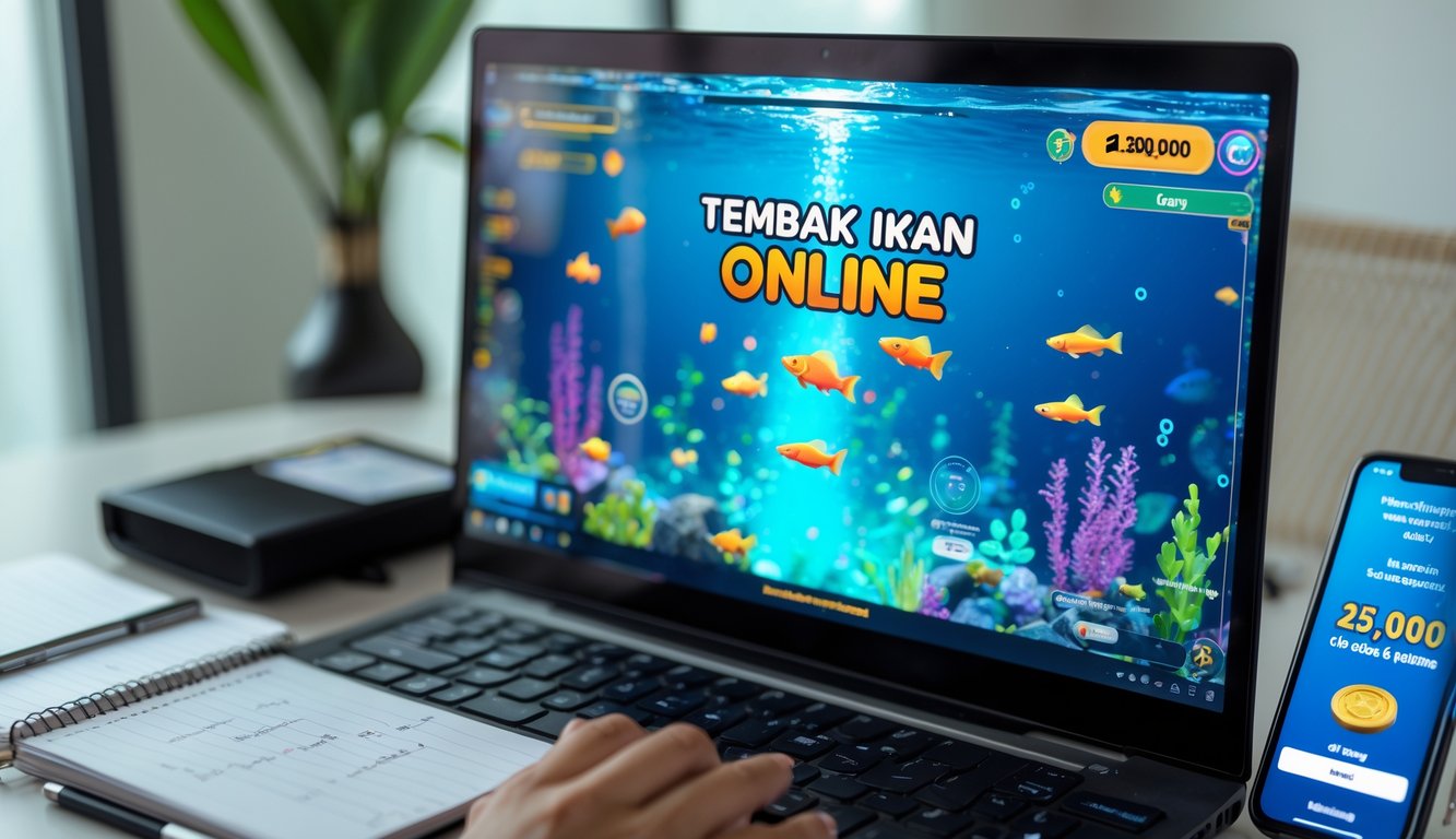 Seorang pemain menggunakan komputer dengan tampilan permainan tembak ikan online, dikelilingi catatan strategi dan ponsel yang menunjukkan konfirmasi deposit.