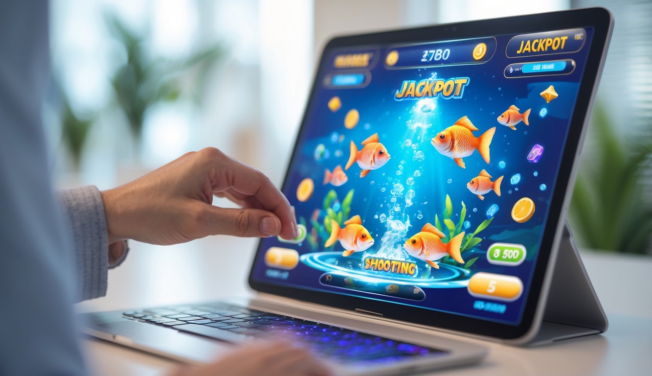 Seseorang sedang bermain game tembak ikan di layar perangkat dengan gambar ikan warna-warni dan simbol jackpot.