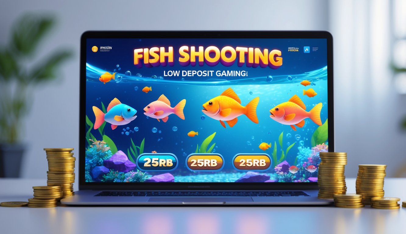 Seseorang sedang bermain game tembak ikan di perangkat digital dengan latar belakang yang bersih dan elemen koin kecil.