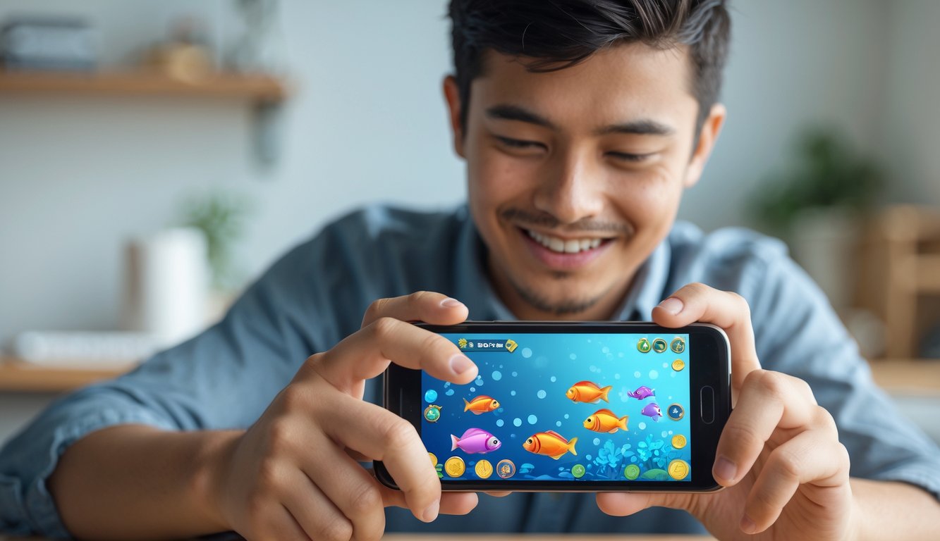 Seorang pemula sedang bermain game tembak ikan online di ponsel dengan latar belakang meja dan suasana santai.