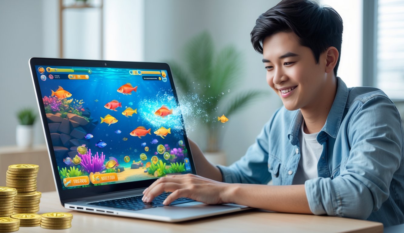 Seorang dewasa muda sedang fokus bermain game tembak ikan online di laptop di dalam ruangan yang terang.