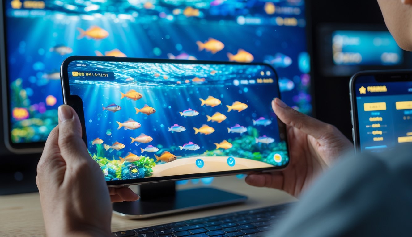 Seseorang bermain game tembak ikan di perangkat digital dengan grafis ikan berwarna-warni di layar.