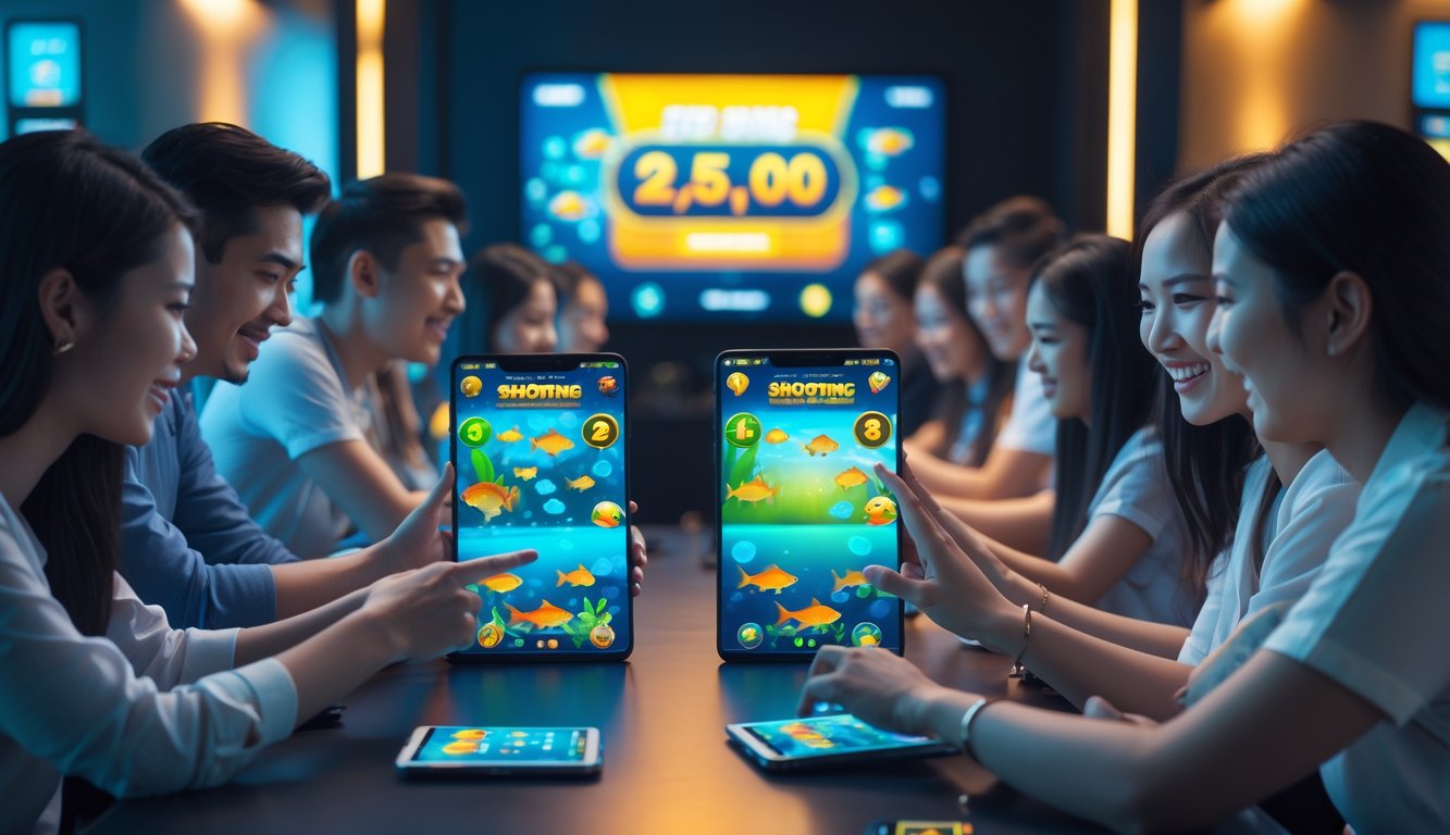 Beberapa orang sedang bermain game tembak ikan di perangkat digital dalam ruangan dengan pencahayaan biru dan hijau yang menyerupai suasana bawah laut.