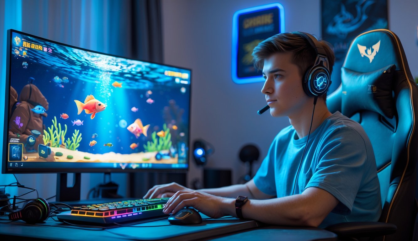 Seorang pria muda duduk di depan komputer dengan layar menampilkan permainan tembak ikan berwarna-warni dalam ruangan yang nyaman.