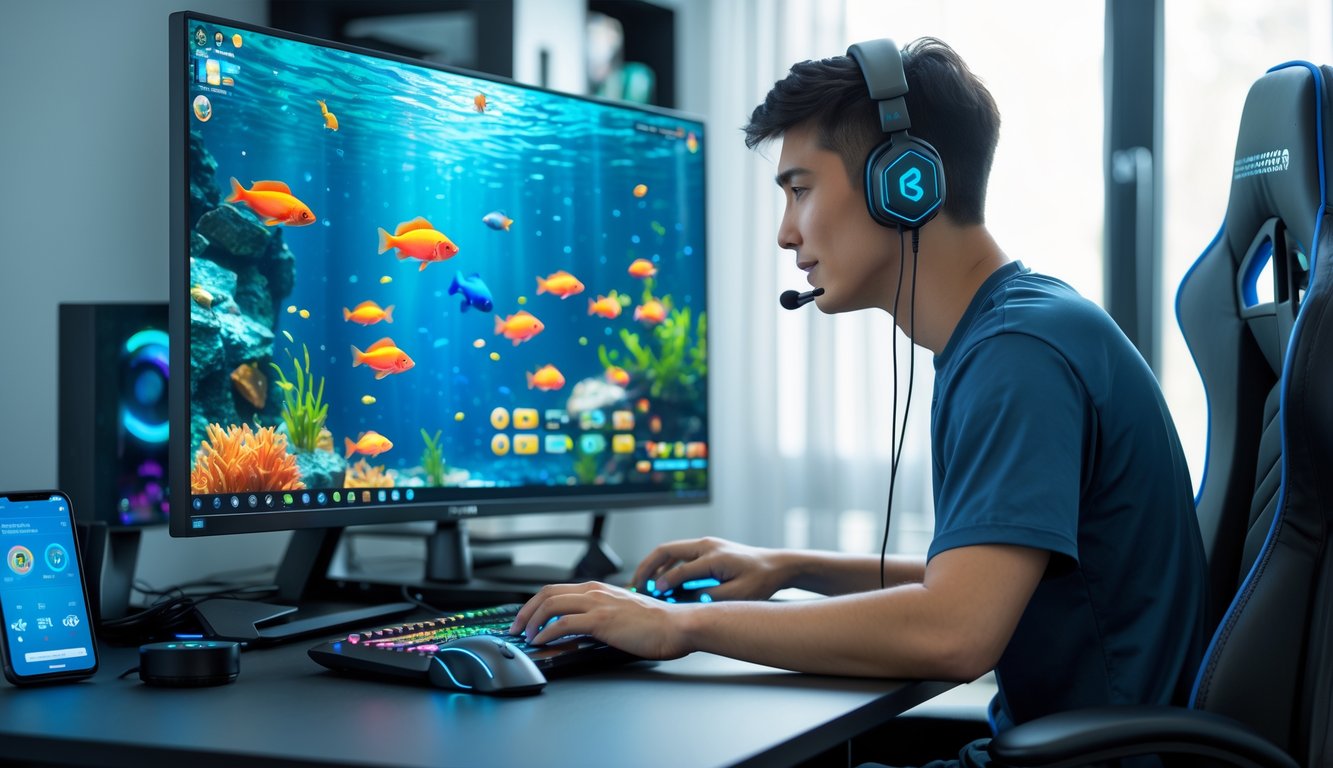 Seorang pria muda fokus bermain game tembak ikan di komputer di ruang kerja modern dengan suasana yang terang dan perangkat gaming di sekitarnya.