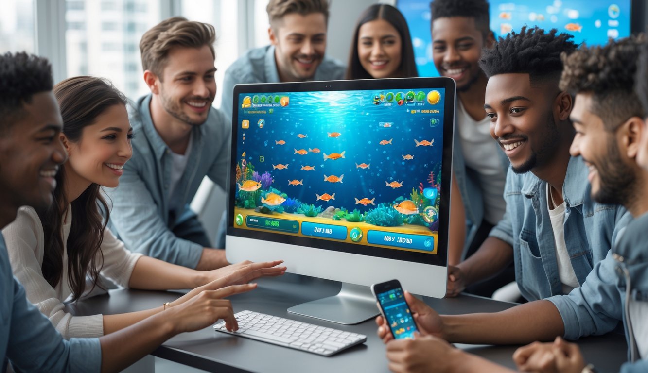 Sekelompok orang muda bermain game tembak ikan online di komputer dan ponsel di sebuah ruangan terang.