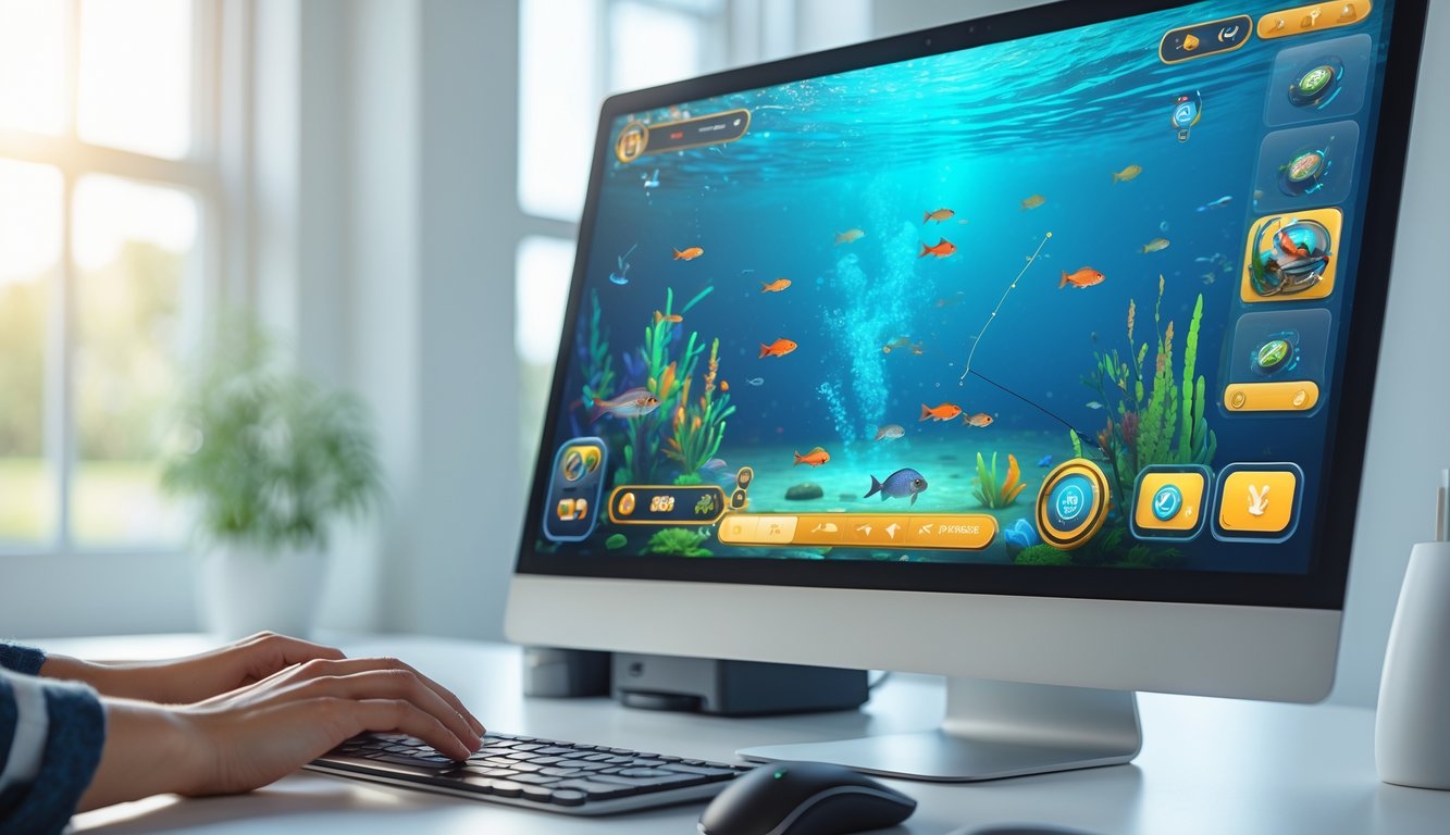 Seseorang sedang bermain game tembak ikan online di komputer dengan tampilan ikan berwarna-warni di layar.