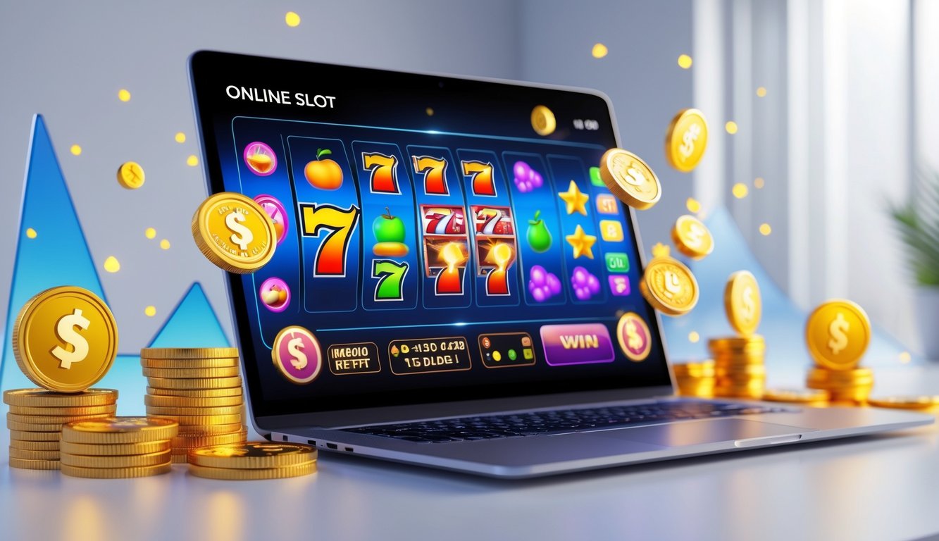 Sebuah komputer dengan layar menampilkan permainan slot online berwarna cerah dan koin yang bersinar di sekitarnya.