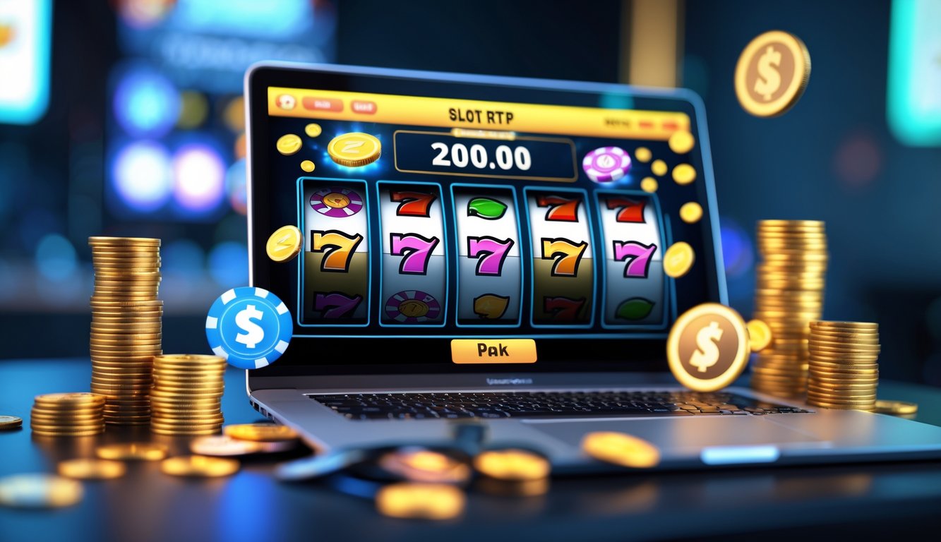 Layar komputer menampilkan permainan slot online dengan koin dan simbol kemenangan di sekitarnya.