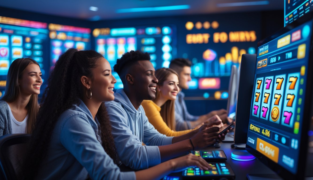 Beberapa orang muda sedang bermain permainan slot online di komputer dan ponsel dalam ruangan yang terang dan modern.