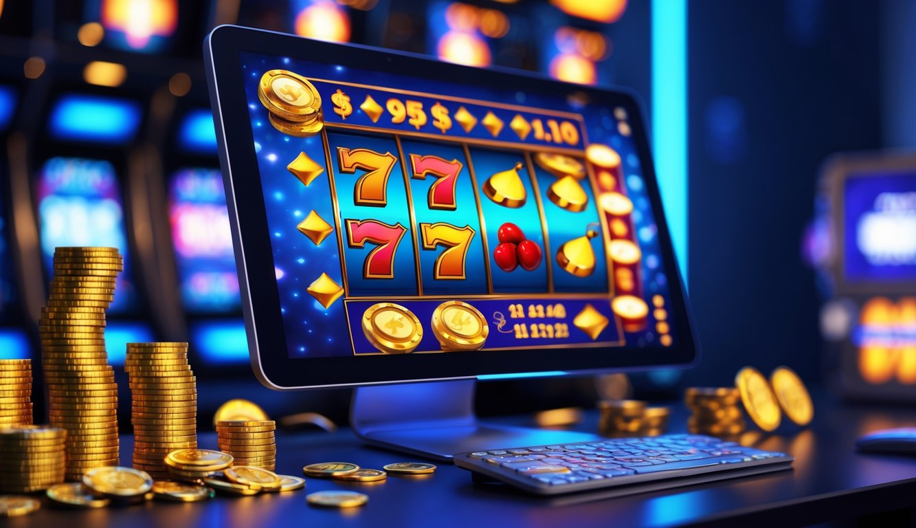 Tampilan layar komputer dengan permainan slot online yang berwarna-warni, dikelilingi oleh tumpukan chip poker dan koin emas, menampilkan suasana kasino yang penuh semangat dan kemenangan.