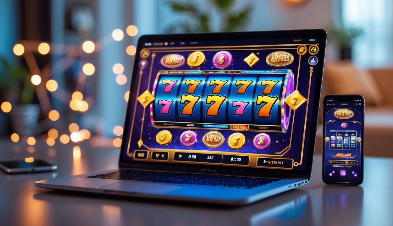 Seorang pemain sedang menggunakan komputer dengan layar menampilkan permainan slot online berwarna cerah dan simbol jackpot.
