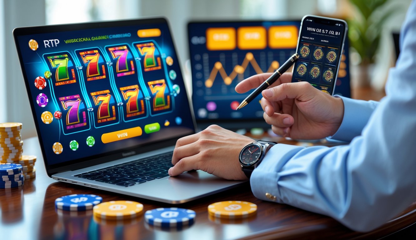 Seorang profesional sedang menganalisis data permainan slot di laptop dan smartphone di meja kerja dengan perlengkapan kasino di sekitarnya.