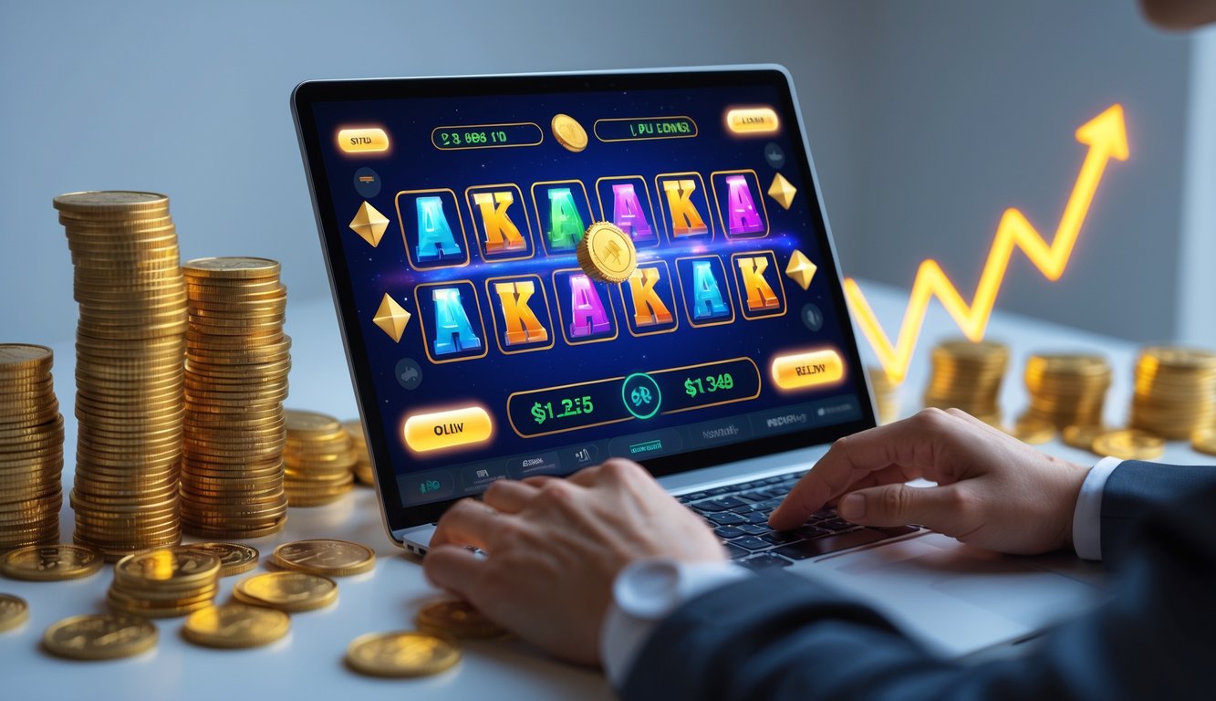 Seseorang menggunakan komputer dengan layar menampilkan permainan slot online dan grafik kemenangan yang naik, dikelilingi tumpukan koin dan chip poker.