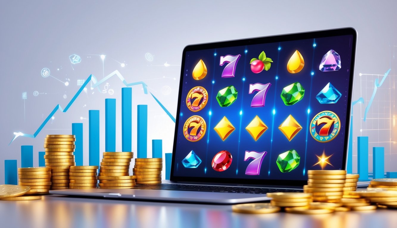 Layar komputer menampilkan ikon permainan slot online berwarna-warni dengan koin dan grafik naik di sekitarnya.
