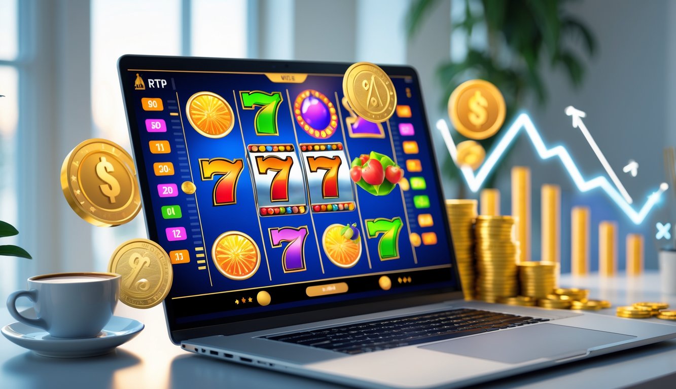 Seorang pengguna sedang bermain permainan slot online di komputer dengan latar meja kerja yang rapi dan pencahayaan alami.