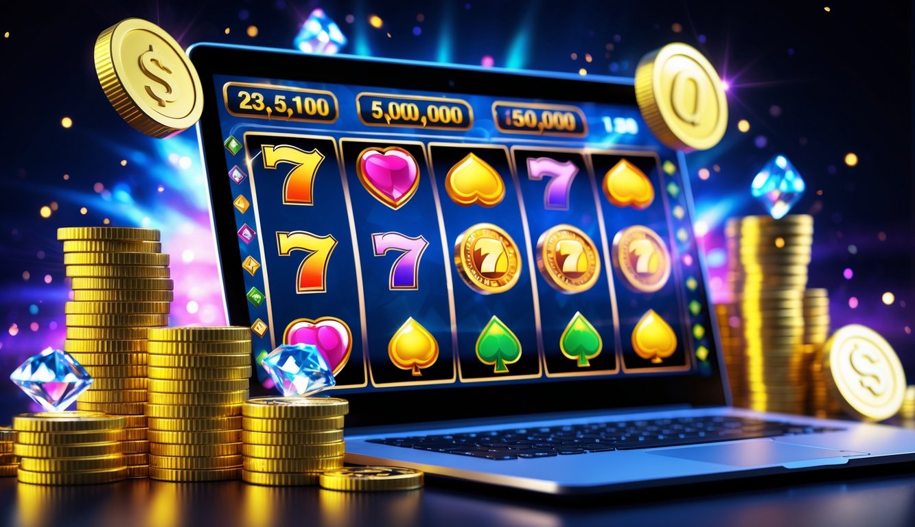 Layar komputer menampilkan permainan slot online dengan simbol buah dan koin emas di sekitarnya.