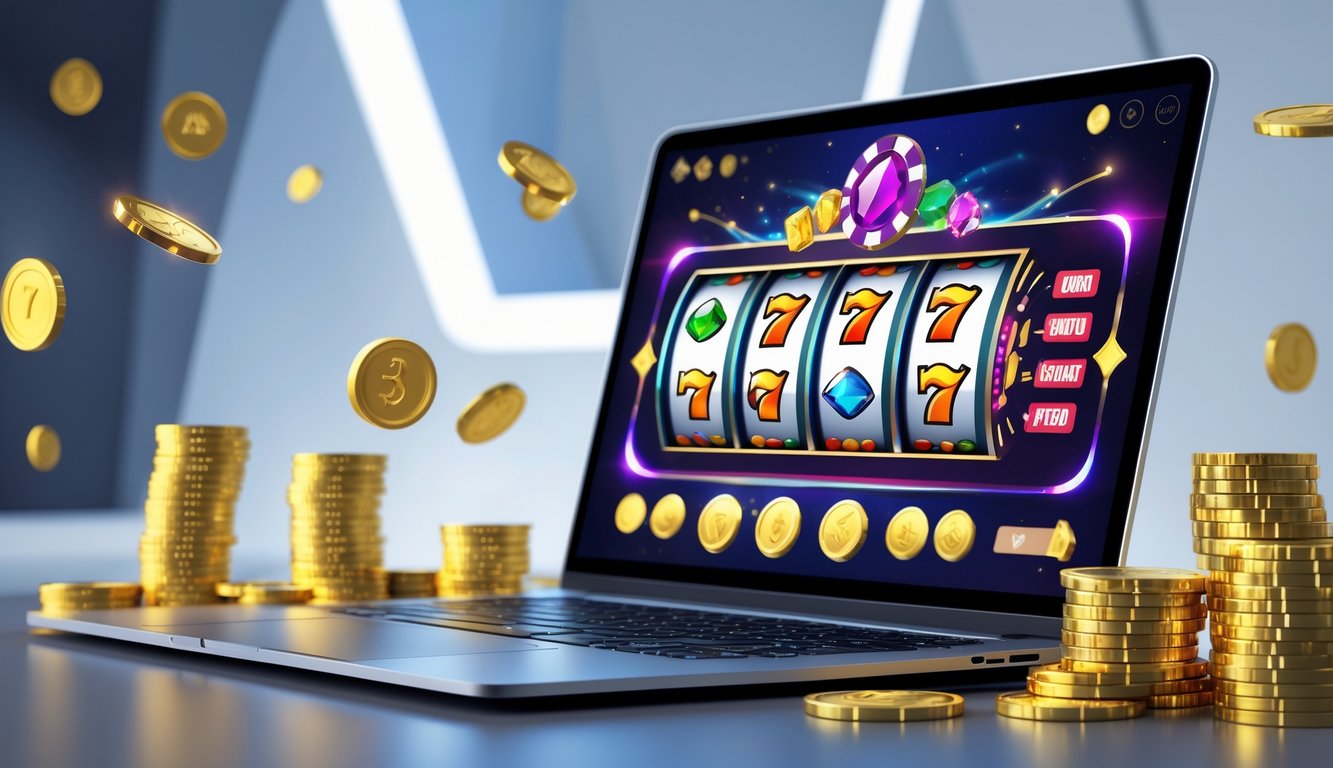 Sebuah laptop menampilkan permainan mesin slot berwarna-warni dengan koin dan chip kasino di sekitarnya.