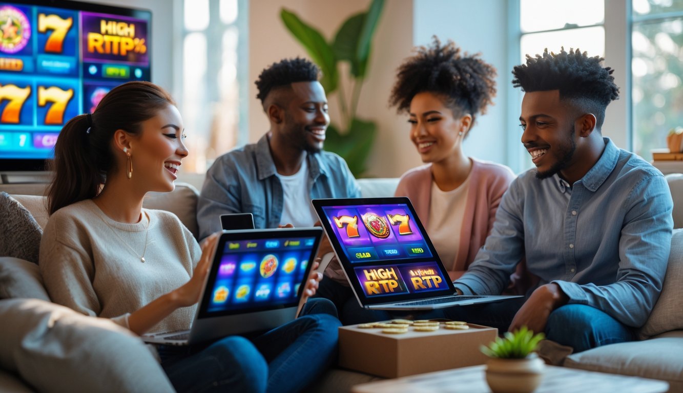 Seorang pria dan wanita muda duduk di ruang tamu modern sambil bermain permainan slot di laptop dan tablet dengan ekspresi fokus dan senang.