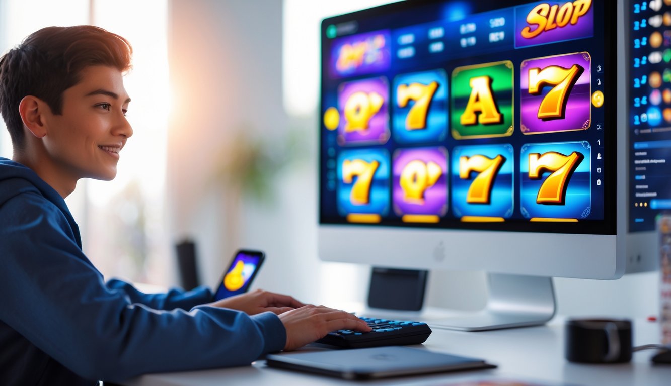 Seorang pemain muda sedang bermain permainan slot online di depan komputer dengan latar belakang kabur dan suasana terang.