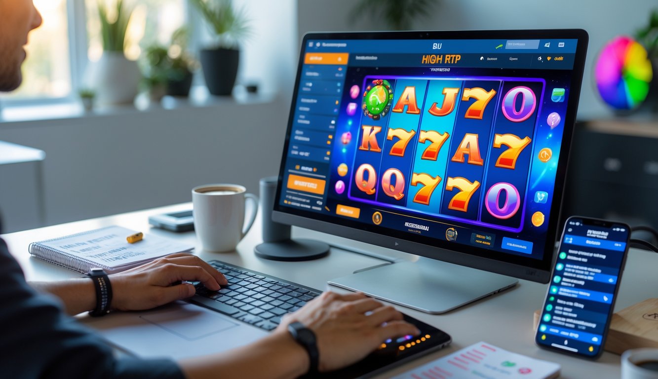 Seseorang bermain game slot online di komputer dengan catatan dan smartphone di meja dalam ruangan yang terang.