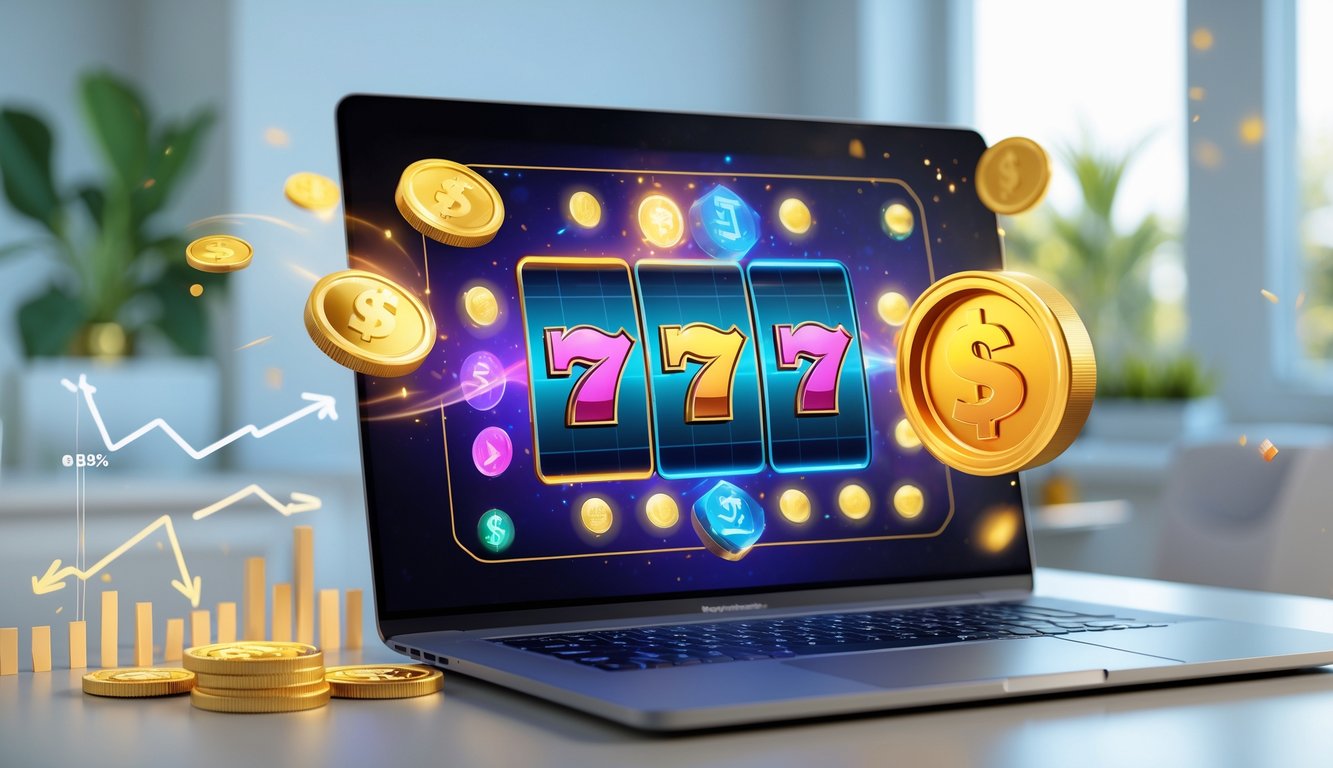 Seorang pengguna sedang bermain permainan slot online di komputer dengan latar ruang kerja yang terang dan modern.