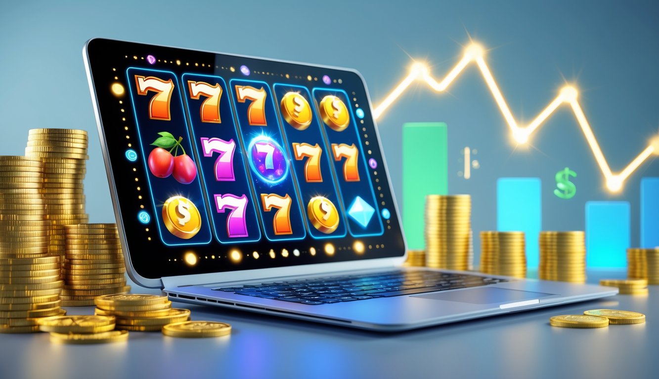 Seorang pengguna duduk di depan komputer dengan layar menampilkan permainan slot online berwarna cerah, dikelilingi oleh tumpukan koin emas dan grafik naik yang menunjukkan peluang jackpot besar dan stabil.