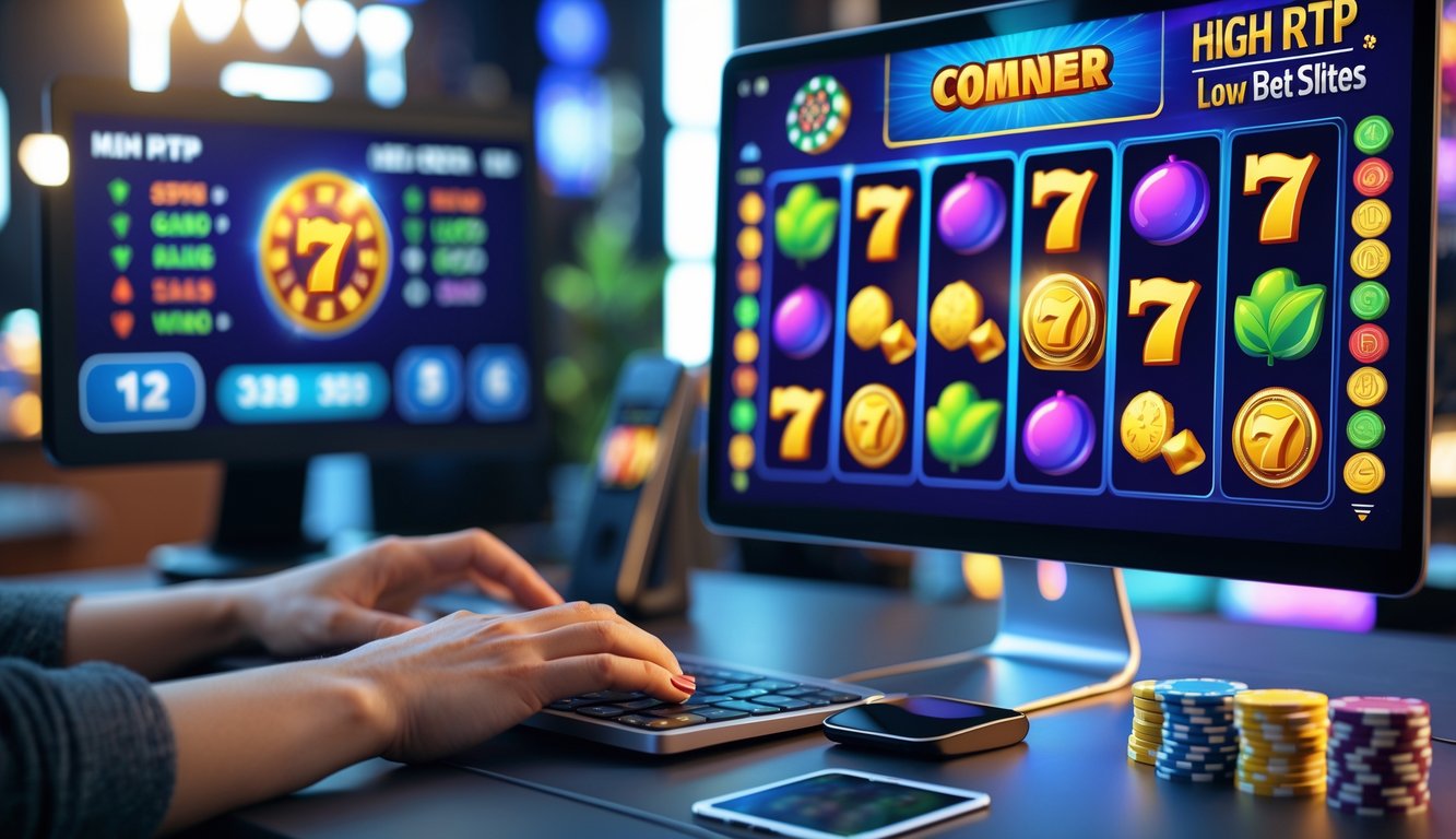 Seorang pemain sedang menggunakan laptop dengan tampilan permainan slot warna-warni di meja yang rapi, dikelilingi oleh chip poker dan kartu remi.
