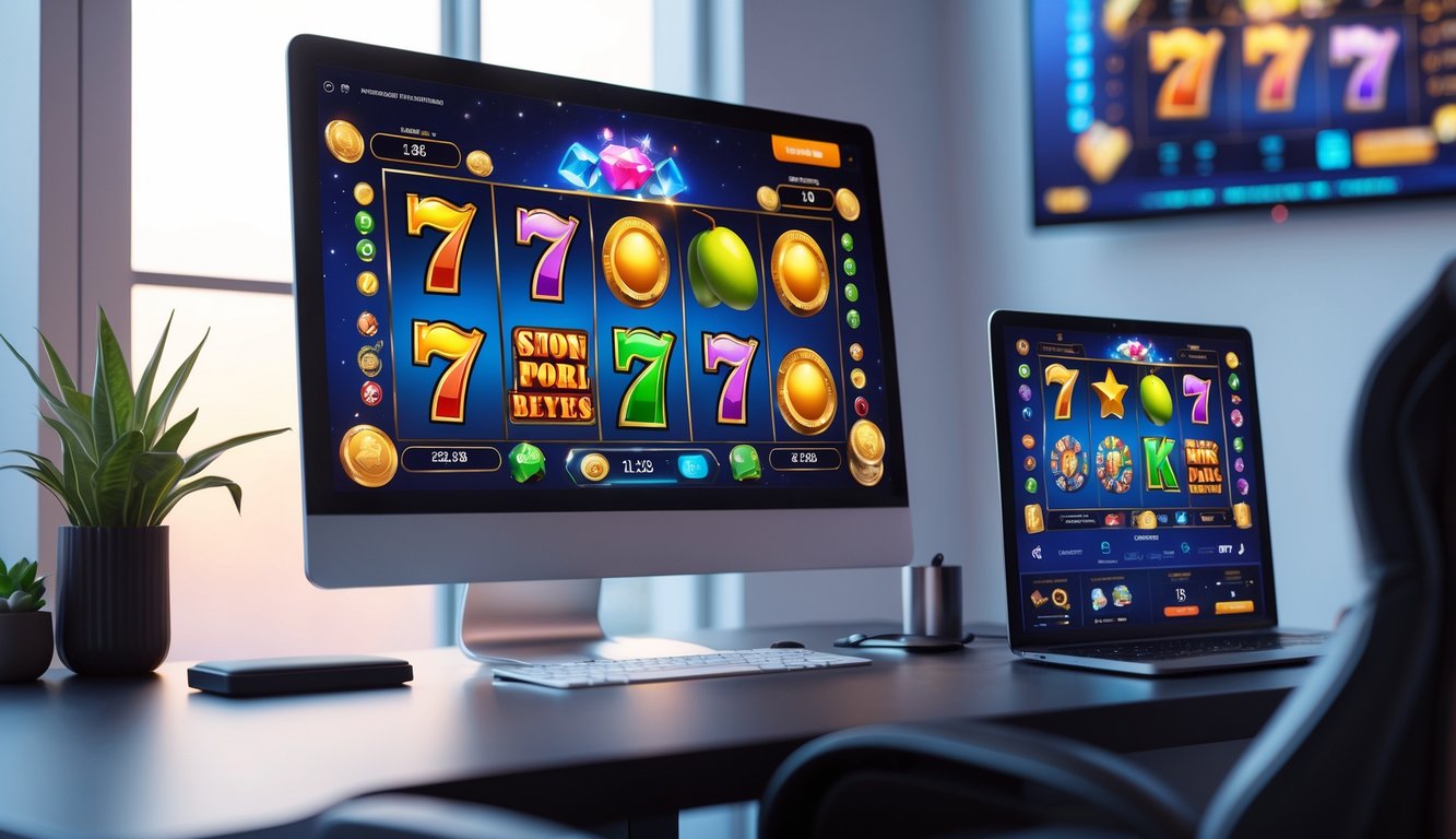 Sebuah meja kerja modern dengan komputer dan ponsel menampilkan permainan slot online yang berwarna-warni.