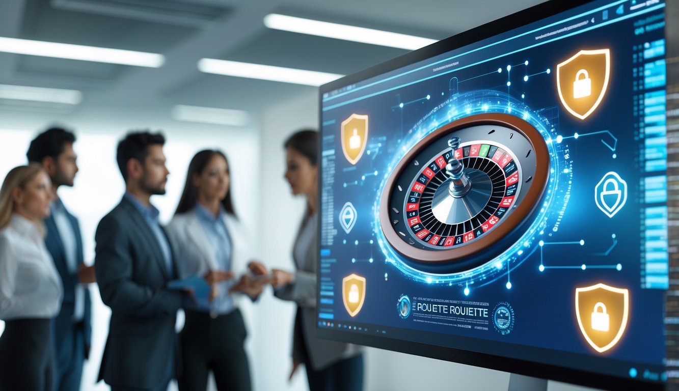 Sebuah ruangan kantor modern dengan layar komputer menampilkan permainan roulette online dengan simbol keamanan seperti gembok dan ikon pelindung, dikelilingi oleh beberapa profesional yang fokus menggunakan platform tersebut.