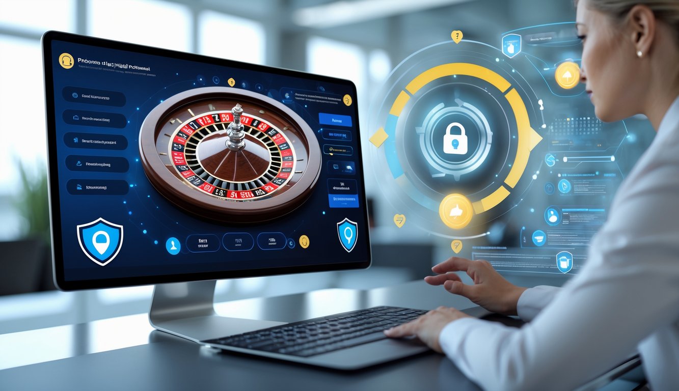 Seseorang menggunakan platform roulette online yang aman dan terpercaya dengan latar belakang simbol keamanan digital.