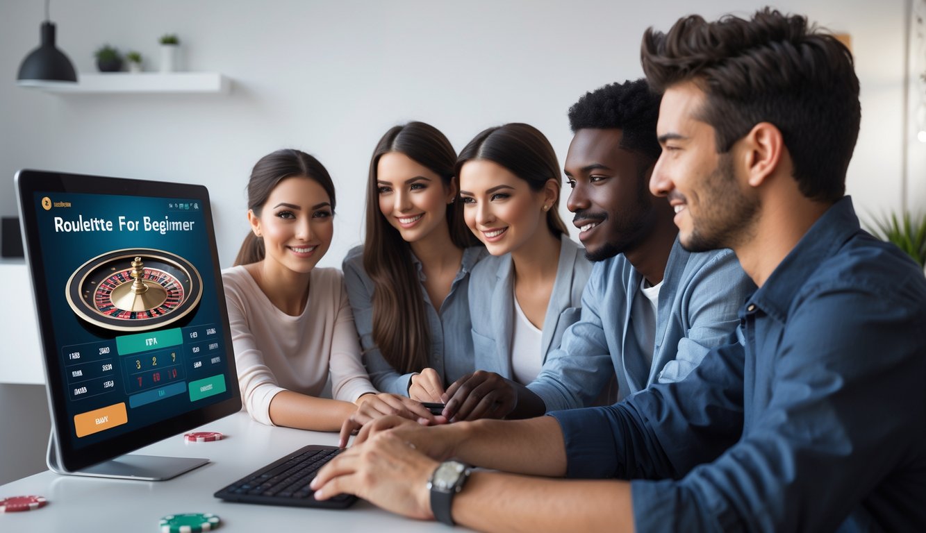 Beberapa orang muda sedang bermain roulette online di depan layar komputer di ruangan yang terang dan rapi.