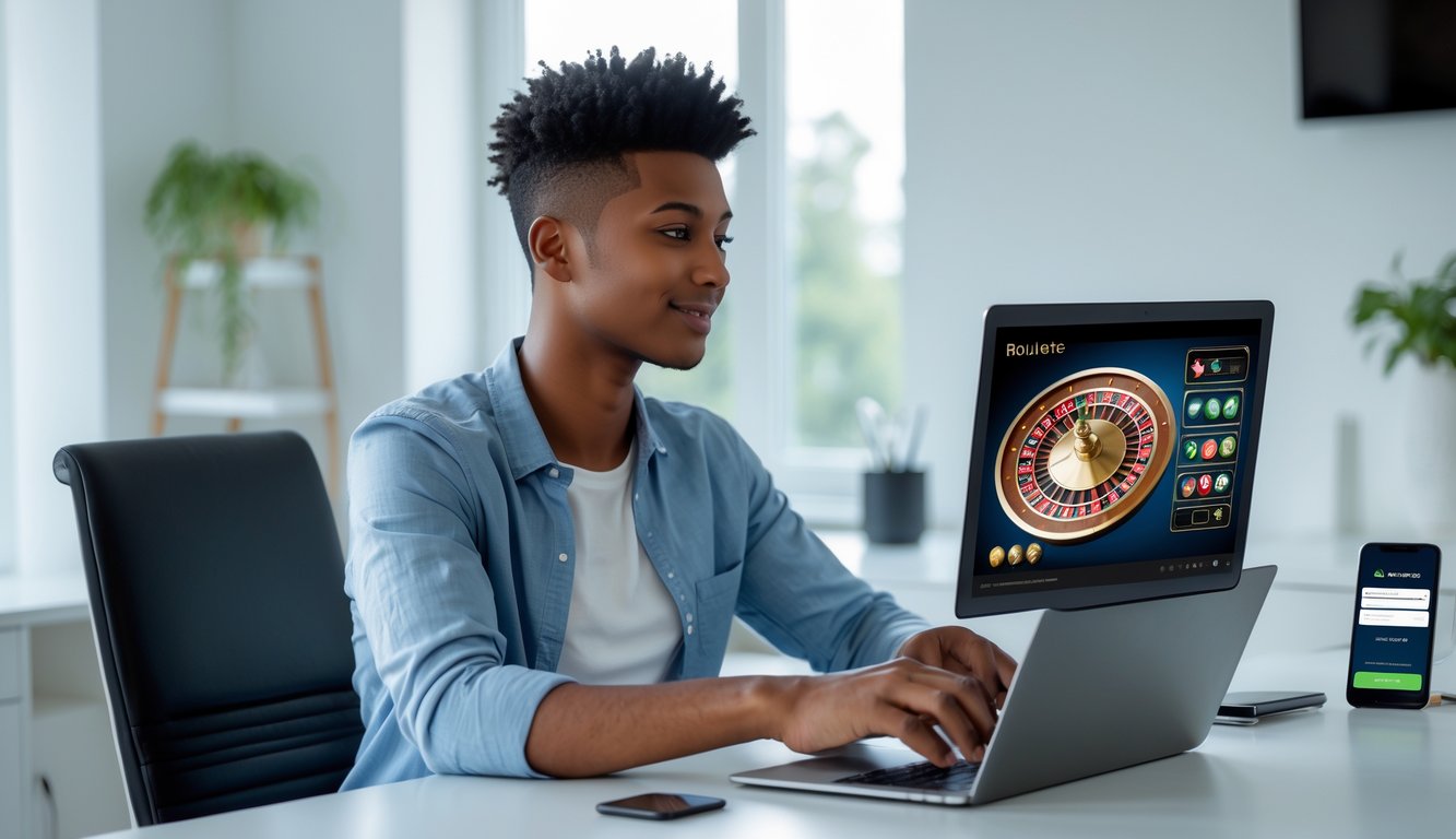 Seorang dewasa muda sedang menggunakan laptop di meja kerja dengan tampilan permainan roulette online di layar.