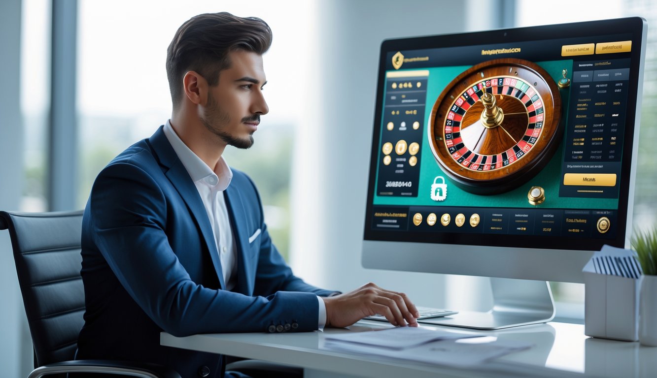 Seorang pria muda duduk di depan komputer yang menampilkan permainan roulette online dengan simbol keamanan di layar, di dalam ruangan kantor yang terang dan rapi.